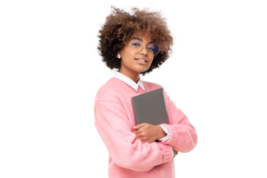 Fashion portrait of african american teen girl, high school or online course student holding laptop