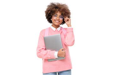Studio portrait of smiling african american teen girl, online course or high school student holding glasses and laptop