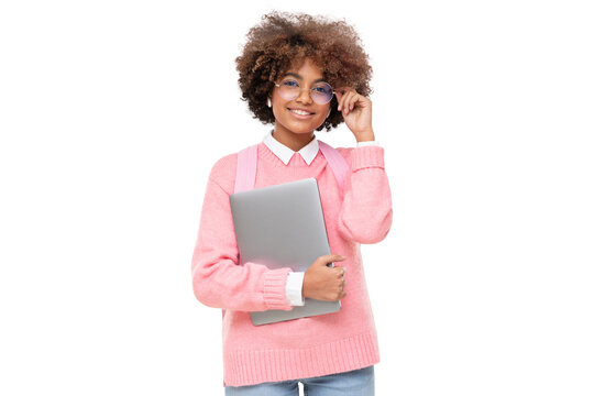 Studio Portrait Of Smiling African American Teen Girl, Online Course Or High School Student Holding Glasses And Laptop