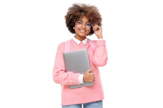 Studio portrait of smiling african american teen girl, online course or high school student holding glasses and laptop