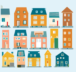 Fototapeta premium Set of illustrations isolated. Houses and buildings. flat design. district of the city