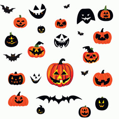 Set of illustrations isolated. Halloween. Pumpkins, bats. scary pattern. Jack