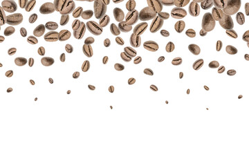 Coffee flying bean background. Black espresso grain falling. Rustic coffee bean fall on white background. Represent breakfast, energy, freshness or great aroma concept.