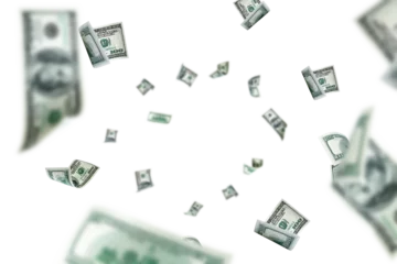 Fotobehang Money stack. Hundred dollars of America. Falling money isolated, us bill background. © Maksym