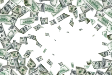 Money stack. Hundred dollars of America. Falling money isolated, us bill background.