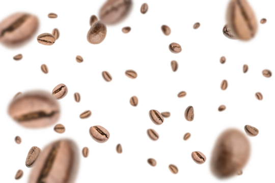 Coffee beans fall background. Black espresso coffee bean falling. Aromatic grain flying isolated on white. Concept for coffee product advertising.