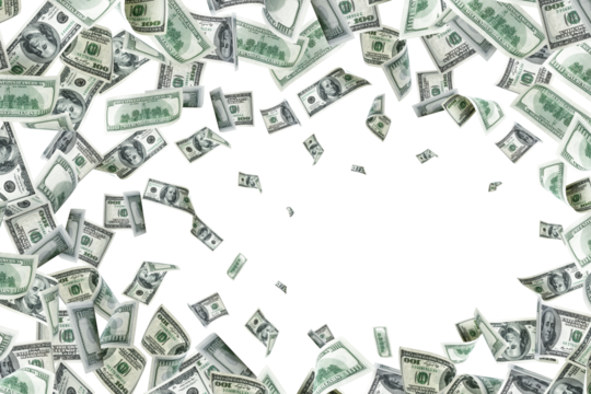 Money stack. Hundred dollars of America. Falling money isolated, us bill background.