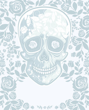 Skull silhouette on white background with flowers of roses pattern. Vector illustration for Day Of The Dead and Halloween design, print, banner, poster with copy space