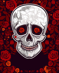 Skull silhouette on black background with flowers of roses pattern. Vector illustration for Day Of The Dead and Halloween design, print, banner, poster with copy space