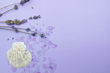 Layout on a purple background. Lavender, purple bath salt, shell. Place text. Space copy.