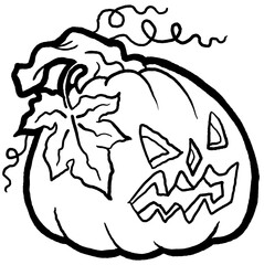 Halloween pumpkin monster head hand drawn illustration. Big round orange pumpkin. Cute and scary face ghost. Poster print design, party decoration, invitation deco.