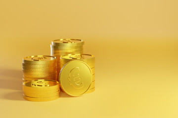 Golden coins with euro sign on yellow background with copy space. 3d illustration.