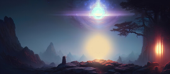 Obraz na płótnie Canvas Abstract fantasy neon space landscape. Star nebulae, month and moon, mountains, fog. Unreal fantasy world. Silhouettes, horoscope, zodiac signs. 3D illustration.