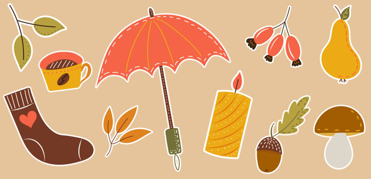 autumn stickers in doodle style, vector