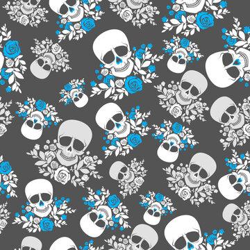 Seamless pattern with skulls and roses in grey, white and blue colors. Vector illustration. Template for mexican Day Of The Dead and Halloween design