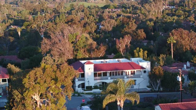 Sunrise Aerial Of Downtown Rancho Sante Fe, California Clock Tower Building In Summer