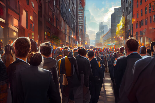 Crowd Of Office Suit Wearing People Walking To Work At Downtown Street, Neural Network Generated Art