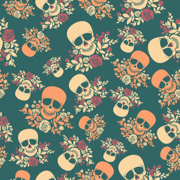 Seamless pattern with skulls and roses in green, yellow and orange colors. Vintage style. Template for mexican Day Of The Dead and Halloween design, wrapping paper, web backdrop. Vector illustration