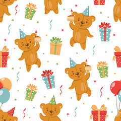 Seamless vector pattern. Teddy bear flying on balloons and celebrating his birthday. Gift boxes 
