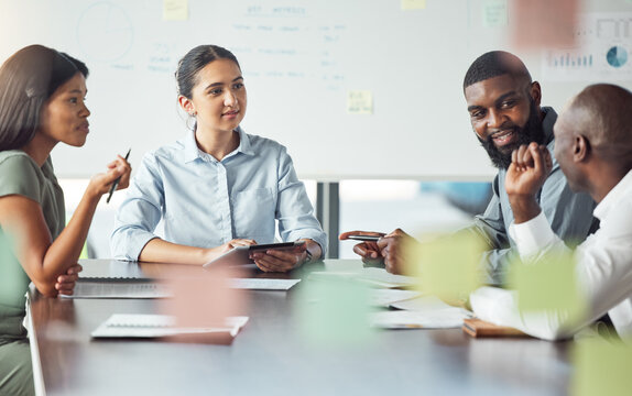 Corporate people and meeting in office for strategy plan in glass wall boardroom with sticky notes. Diverse startup business team in conversation with ideas for development of company workforce.