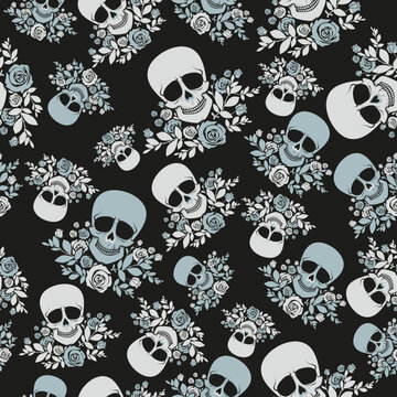 Seamless pattern with skulls and roses in gray colors. Vintage style. Template for mexican Day Of The Dead and Halloween design, wrapping paper, web backdrop. Vector illustration