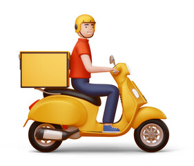 Fototapeta na wymiar Delivery man riding a motorcycle with delivery box, 3d rendering.
