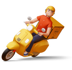 Delivery man riding a motorcycle with delivery box, 3d rendering.