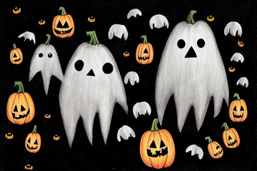 Obraz premium Cute Hand Drawn Halloween Cards and Pattern, Little White Ghost on a Black Background, Happy Halloween, Trick or Treat, Sweet Little Pumpkins and White Funny Skulls, Gravestone with Boo inscription v2