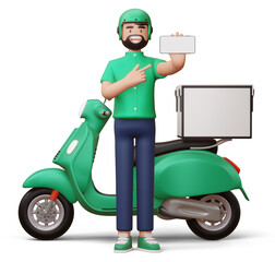 Delivery man with phone and a delivery motorcycle, 3d rendering.