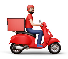 Delivery man riding a motorcycle with delivery box, 3d rendering.