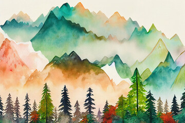 Collection of watercolor forest landscapes and mountain view, hand drawn isolated illustration on white background anime style, cartoon style toon style v1