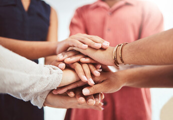 Hands, support and motivation of diversity of friends showing a helping hand and community. People...