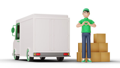 Delivery man doing a heart shape and Parcel box with truck, 3d rendering.