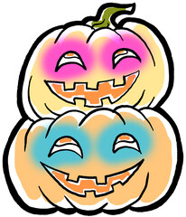 Halloween pumpkin monster head hand drawn illustration. Big round orange pumpkin. Cute and scary face ghost. Poster print design, party decoration, invitation deco.