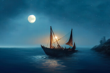 Fototapeta premium Vintage sailboat in the open sea under the night sky. Big full moon, reflection of light in the water. Fantasy sea landscape. 3D illustration.