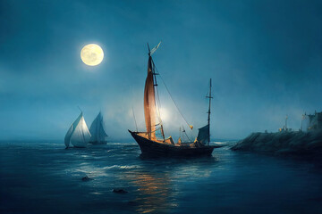 Fototapeta na wymiar Vintage sailboat in the open sea under the night sky. Big full moon, reflection of light in the water. Fantasy sea landscape. 3D illustration.