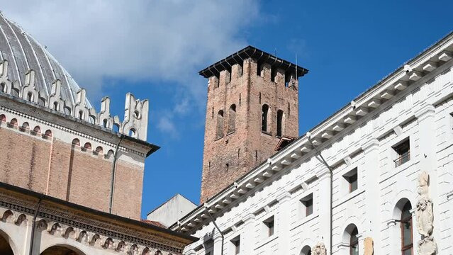 Padua, Italy. Medieval civic tower in Padua. Torre degli Anziani. Piazza della Frutta,