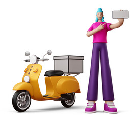 Delivery man with Phone and a motorcycle, 3d rendering