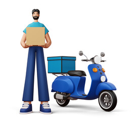 Delivery man with parcel box and a motorcycle, 3d rendering