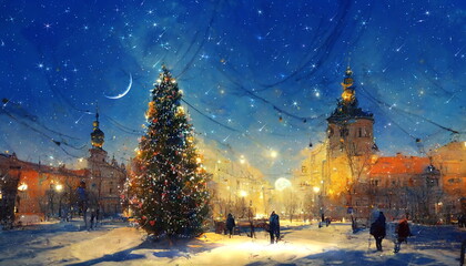 Fototapeta na wymiar Christmas tree ullimunationon winter city street snow fall moon on starry sky abstract painting art 