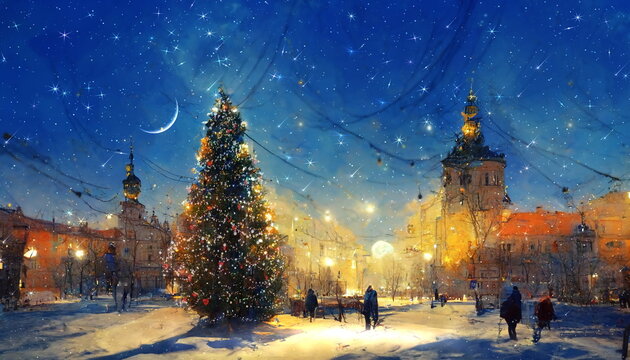 Christmas tree ullimunationon  winter city street snow fall moon on starry sky abstract painting art 
