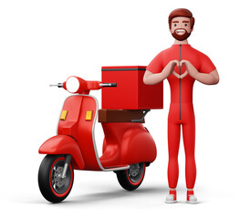 Delivery man doing a heart shape with hands and a motorcycle, 3d rendering.