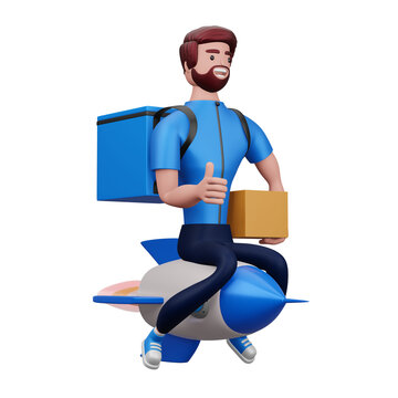 Delivery man riding rocket with delivery box, 3d rendering