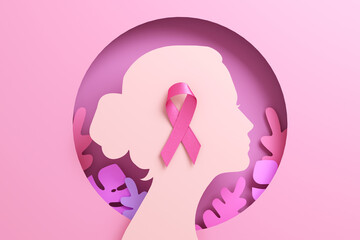 Fototapeta Breast Cancer Awareness Month banner background with a pink ribbon on a woman silhouette. Flyer, banner design template in 3D illustration obraz