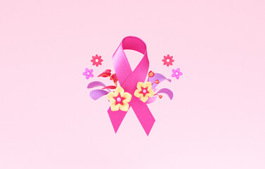A pink ribbon with flowers and copy space for Breast Cancer Awareness Month and World Cancer Day banner background design in 3D illustration