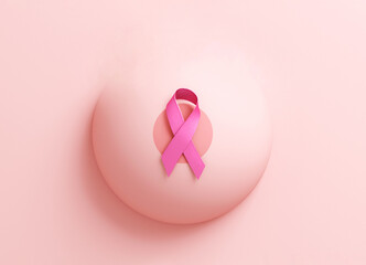 A pink ribbon on a breast with copy space for Breast Cancer Awareness Month poster background template in 3D illustration
