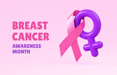 A pink ribbon linked to female symbol for Breast Cancer Awareness Month flyer background design with text, 3D illustration