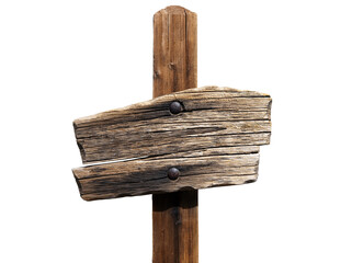 Worn rustic blank wooden hiking trail sign isolated.