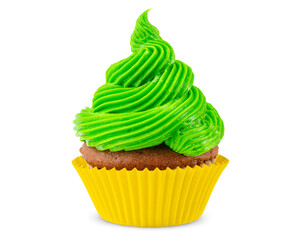 Cupcake. Green, yellow cupcake. Idea cooking. Dessert for party. Chocolate muffin decorated with frosting or Icing. Close-up macro high quality and resolution photo. White Isolated background.
