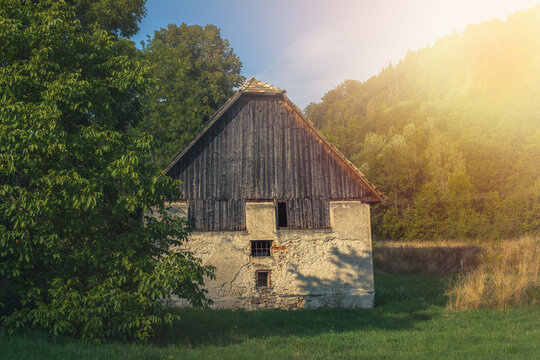 Old barn in beautiful natural surroundings during the evening sun.Summer season.